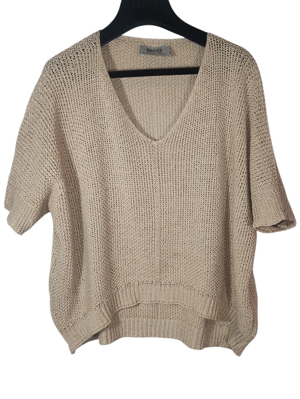 Brand Bazar Beige Open Knit Oversized V-Neck Dolman Sweater. OS